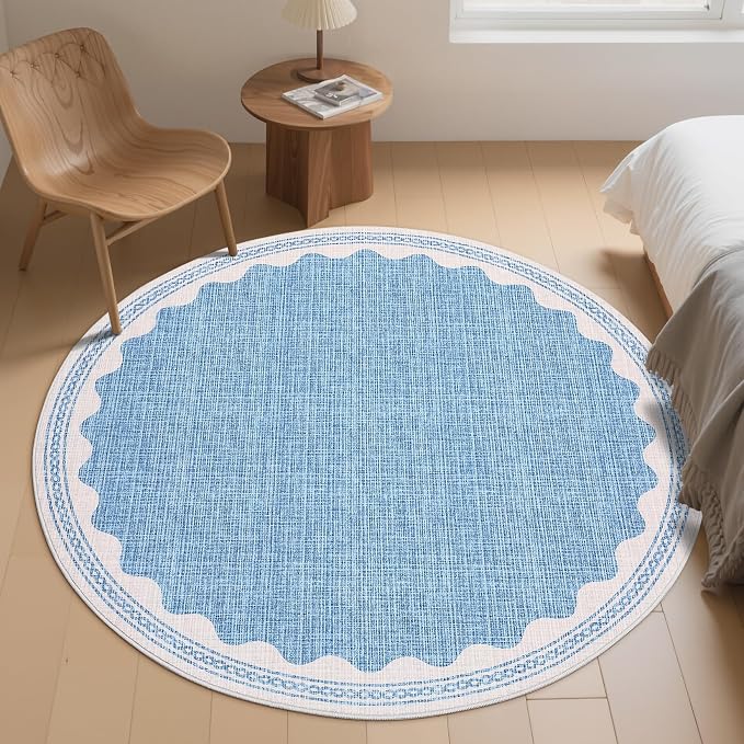 6ft Scalloped Round Rug Blue Washable Living Room Bedroom Area Rugs | Small Solid Rug for Bedroom Girls, Non Slip Scalloped Round Bath Mat, Soft Dorm Nursery Carpet for Bedside