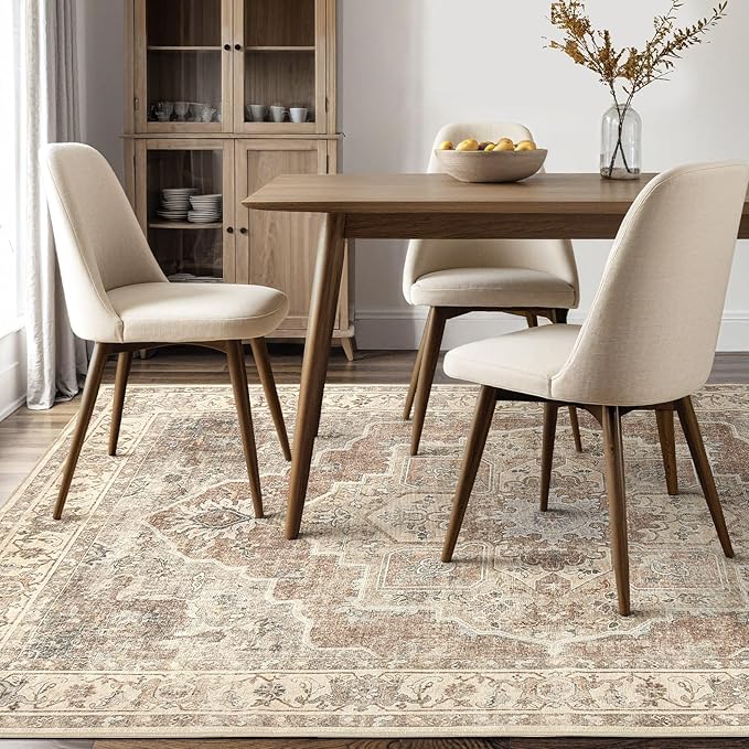 Washable Area Rug-8X10 Vintage Neutral Soft Beige Brown | Non Slip Thin Foldable Large Floor Carpet for Living Room Bedroom Kitchen Dining Room Home Office Farmhouse Indoor