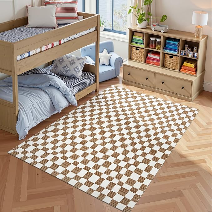 jinchan 5x7 Area Rug Washable Modern Checkered Rug for Kids Room, Brown | Geometric Lattice, Soft, Non-Slip, Floor Carpet, Kitchen, Nursery, Bedroom, Living Room, Dining Room, Nursery, Playroom