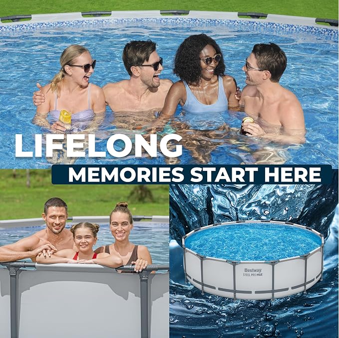 Bestway Steel Pro MAX 14' x 42" Above Ground Swimming Pool Set with Pump | Durable Round Metal Frame Outdoor Backyard Pool, Puncture-Resistant Liner - Ladder and Cover Included, Gray