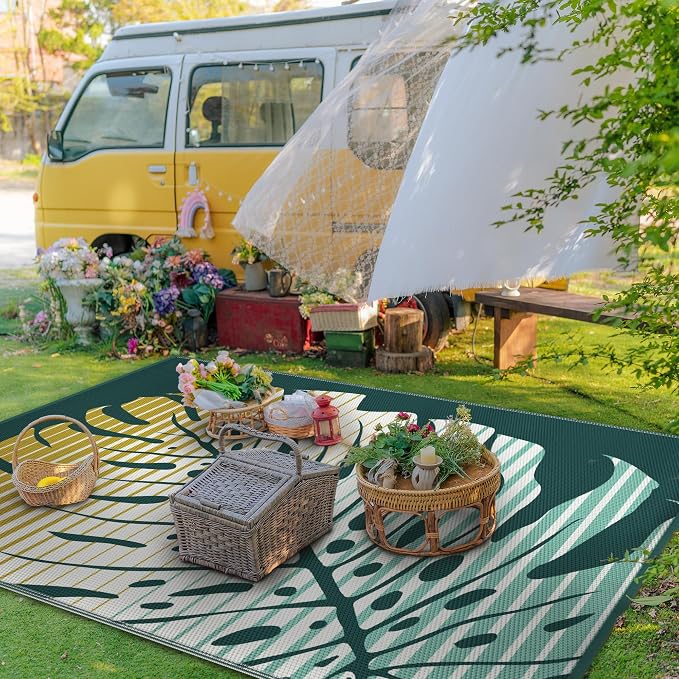 GENIMO Outdoor Rug 6' x 9' Waterproof for Patio Clearance, Reversible Plastic Straw Camping Mat, Lightweight Carpet for Rv, Camper, Deck, Porch, Picnic, Balcony, Beach, J.Yellow & Green