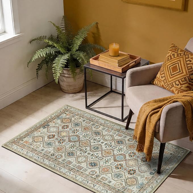 Keen Home Design Vintage Washable Entryway Rug, Non-Slip Low Pile, 2x3 | Machine Washable Cotton Chenille, 0.25In Low Pile, Rubber Non-Slip Back; Kitchen, Entryway, Bathroom, Bedside