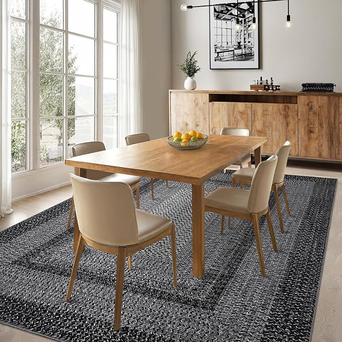 RUGSREAL Washable Bedroom Rug 4x6 Living Room Braided Print Floor Cover | Dining Room Throw Carpet with Rubber Backing Farmhouse Rustic Accent Rugs for Living Room Home Decor, Black