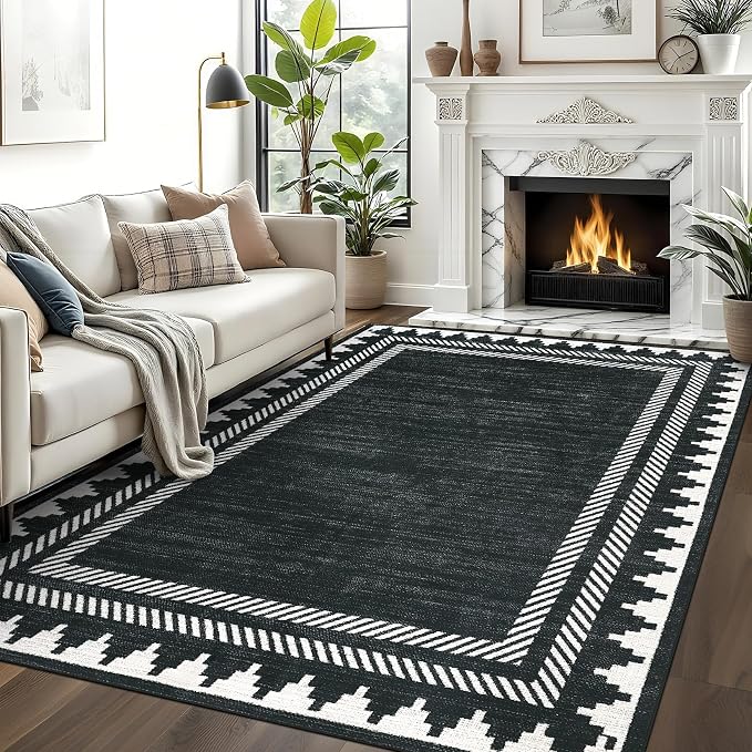 GarveeHome Washable Rugs 5x7 Black Rug Solid Bordered Geometric Rugs for Living Room, Modern Neutral Carpet with Non Slip TPR Backing, Soft Non Shedding Low Pile Throw Mat for Bedroom Dining Room