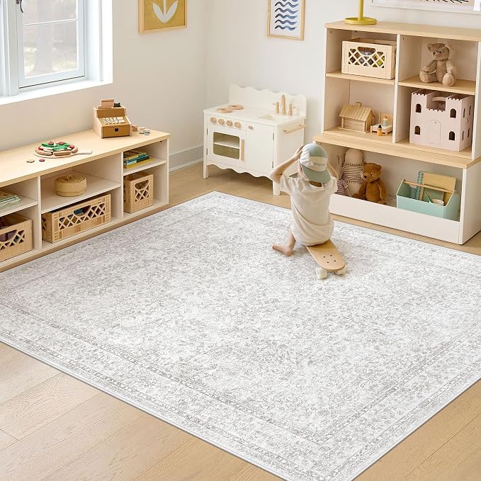 5x7 Area Rugs for Living Room: Washable Vintage Floral Rug Low Pile Non-Slip Boho Carpet for Nursery Bedroom Dining Room (Floral Grey, 5'x7')