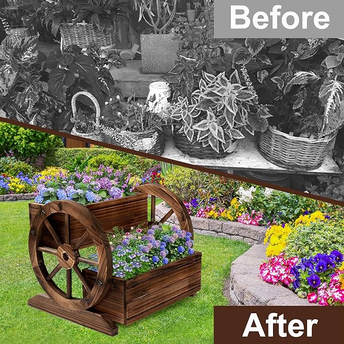 OIPRTGFJ Wooden Wagon Planter Box, Garden Planter with Wheels,Decorative Planter for Flowers Herbs Vegetables for Indoor & Outdoor Décor, Flower Cart for Patio Garden Balcony