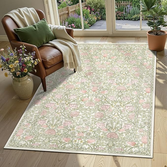 GarveeHome Pink Green Beige Floral 4x6 Area Rug for Nursery Bedroom | Washable Girls Dorm Office Rug Vintage Boho Rugs Low-Pile Non-Slip Stain Resistant TPE Backing