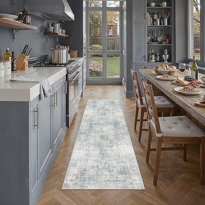 2x6 Blue Vintage Runner Rug | Washable, Non Slip, Soft Low Pile, Neutral Farmhouse, for Hallway Kitchen Laundry Bathroom Bedroom Living Room Home Decor