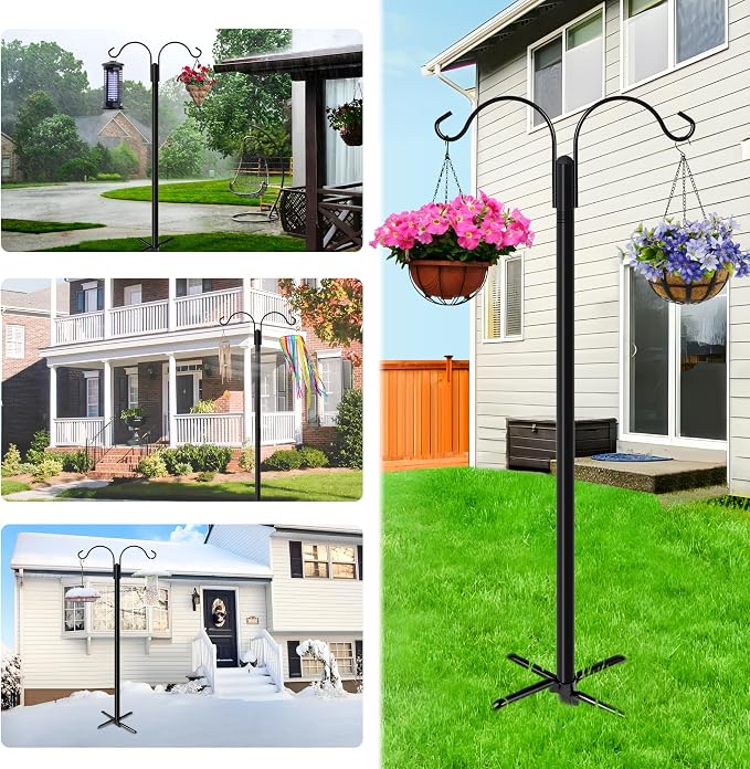XDW-GIFTS Double Shepherds Hooks for Outdoor, 2-Pack Heavy Duty Garden Pole for Hanging Bird Feeder, Plant Baskets, Solar Light Lanterns, Garden Plant Hanger Stands with 5 Base Prongs