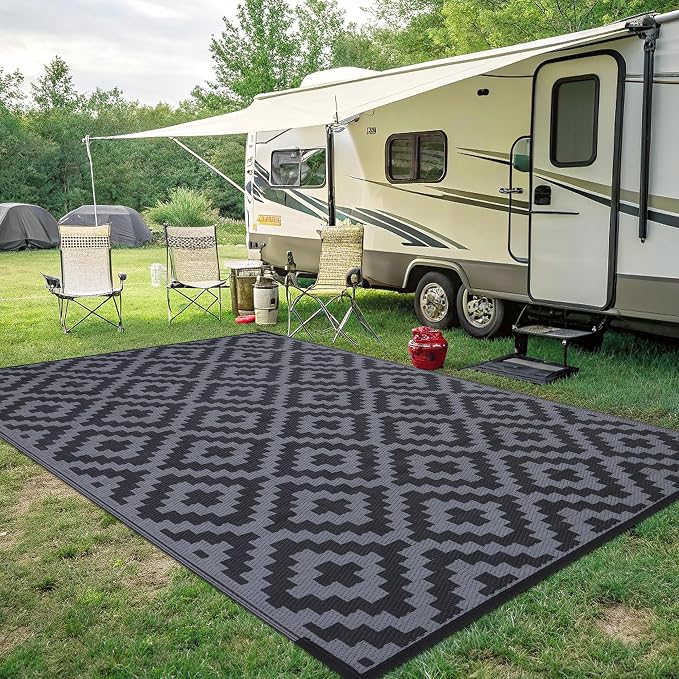 Smiry Waterproof Outdoor Rug 8x10 ft, Reversible Plastic Straw Patio Camping Rugs, Outdoor Indoor RV Mat Carpet for Patio, Outside Entry, Backyard, Deck, Bench, Picnic, Camper, Black & Grey