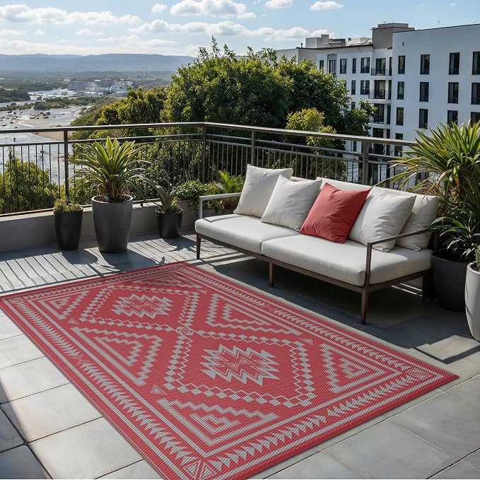 GENIMO Outdoor Rug for Patio Clearance - 6x9 ft Waterproof Plastic Camping Rugs, Reversible Outside Rv Mat Carpet for Porch, Deck, Picnic, Balcony, Beach, Backyard, Red Grey