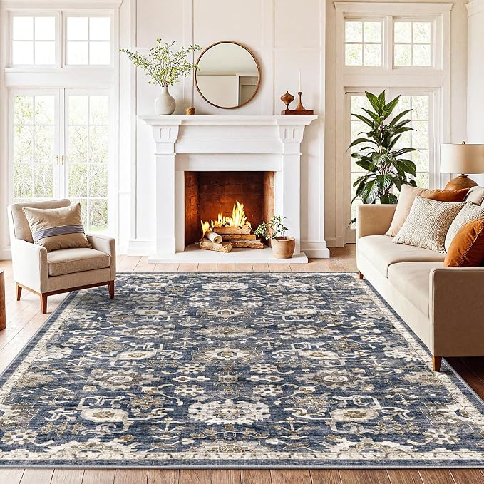 AMADA HOMEFURNISHING 5x7 Area Rugs, Washable Living Room Rug Low-Profile with Non-Slip Backing & Durable Edge Binding, Vintage 5x7 Rugs for Living Room, Bedroom, Dining Room