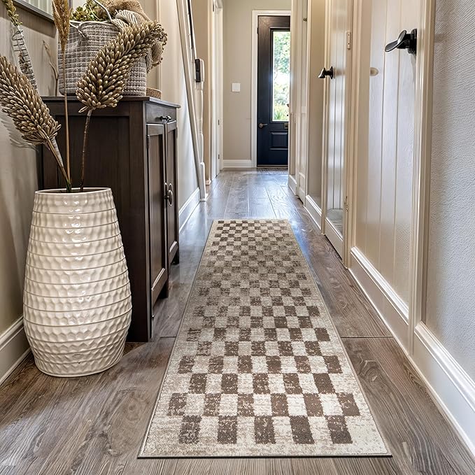 Rugshop Contemporary Checkered Grid Textured Runner Rug Beige 2' 3" x 12' | Size 2' 3" x 12', Living Room, Bedroom, Dining Room, Home Office, Kitchen, Entryway, Hallway, Nursery, Kids Room, Guest Room