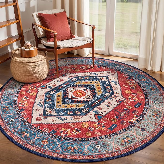 SERISSA 4ft Washable Non Slip Round Boho Area Rug for Bedroom，Rust | Ultra Soft Vintage Oriental Carpet Low-Pile Tribal Small Circular Indoor Mat for Entryway Kids Room College Dorm Living Room