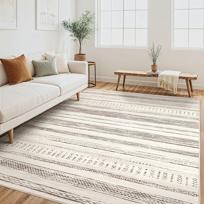 Tortania Area Rug Living Room Rugs - 6x9 Washable Large Soft Neutral Boho Moroccan Bohemian Farmhouse Rug Indoor Floor Carpet for Bedroom Under Dining Table Home Office Decor - Brown Beige
