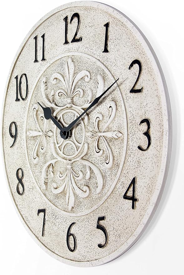 Infinity Instruments Blanc Fleur 15 inch Decorative Outdoor Wall Clock for Garage, Patio, Backyard, Outdoor Wall, Fence Vintage Ivory Antique Easy to Read Battery Operated