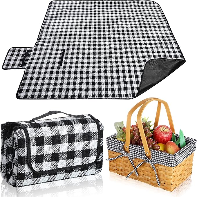Patelai Wicker Picnic Basket Natural Hand Woven Basket with Double Folding Handles, Willow Hamper Baskets with Blanket for Outdoor Picnic Summer Spring Camp Family(Black and White Grid)