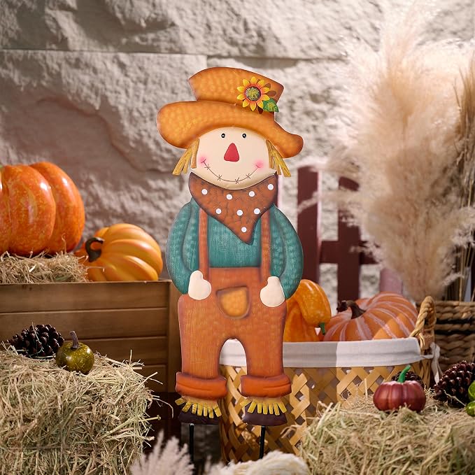 TERESA'S COLLECTIONS Fall Decor for Outdoor Home, Scarecrow for Garden Metal Stakes for Fall Decorations, Autumn Decor for Thanksgiving Decorations, Orange Harvest Yard Signs for Home Lawn Patio, 30"