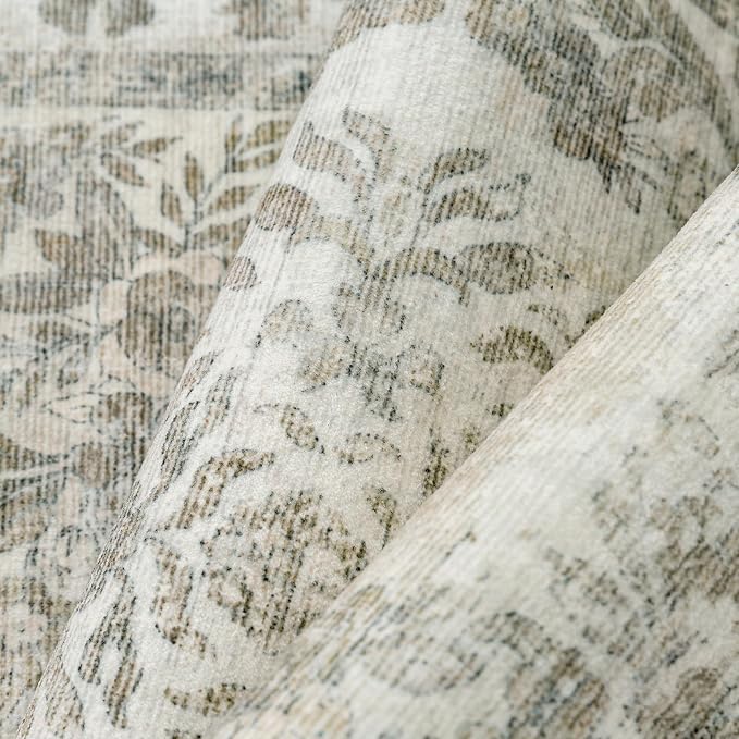 6x9 Washable Area Rug Living Room Cream Beige Vintage Large Carpet | Soft Low Pile, Non Slip, Stain Resistant, Floral Medallion, Neutral Retro Decor for Bedroom, Dining Room, Kids Room, Office