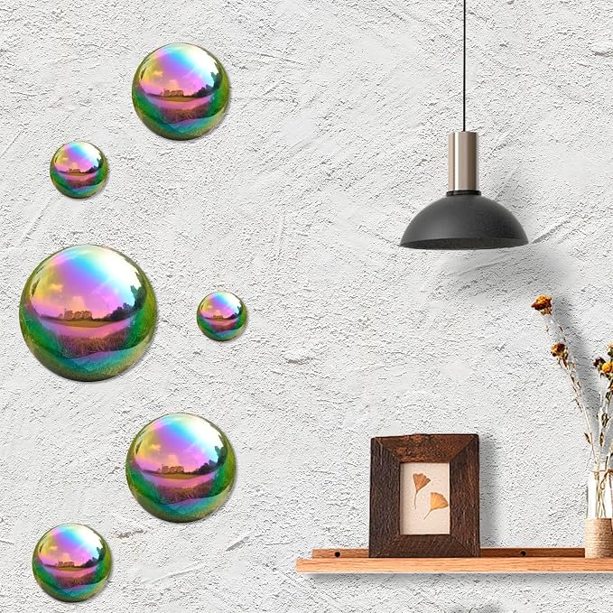 Gazing Ball Garden Mirror Outdoor - Outside Decorative Globe, Rainbow, 6Pcs | Metal Polished Reflective Hemisphere, Stainless Steel Hollow Decoration Ornament, for Home Pond Swimming Pool Housewarming