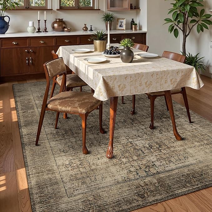 Washable Area Rug 5' x 7' Vintage Traditional Persian Mat - Foldable Distressed Non-Slip Machine Washable Carpet for Living Room Bedroom Kitchen Home Decor - Mocha and Taupe