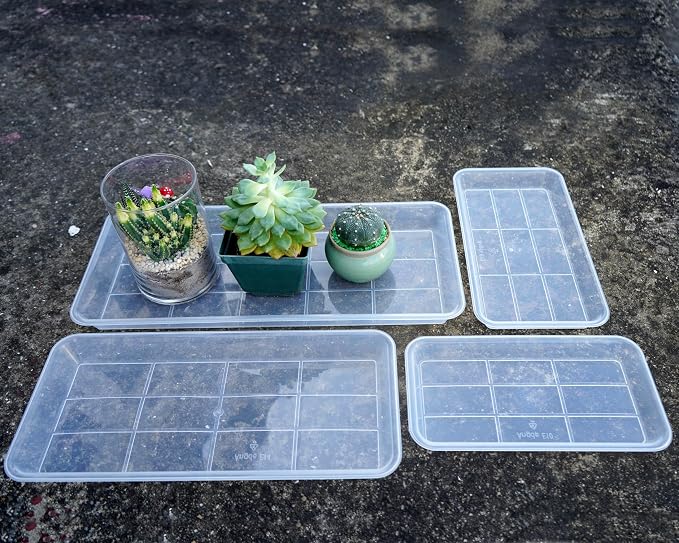 VUWEZ 2 Pack Plastic Plant Saucer, Rectangular, Indoors Outdoor, Water Drip Tray for Flower Pot, Windowsill (5.5 x 10 Inch, Clear)