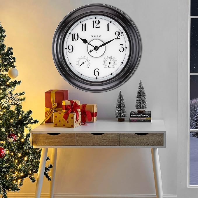 CLXEAST 24 Inch LED Self-Illuminated Outdoor Metal Clocks Waterproof, Large Lighted Outdoor Clock with Temperature and Humidity,Oil Rubbed Bronze Black,Spring Garden Decor