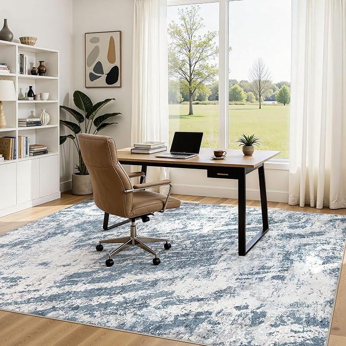 DMOYEST 5x7 Area Rug for Living Room Washable Abstract Indoor Carpet | Neutral Modern Low Pile Rugs Kid & Pet Friendly Large Soft Thin Carpet for Bedroom Dining Room and Office - Blue Light