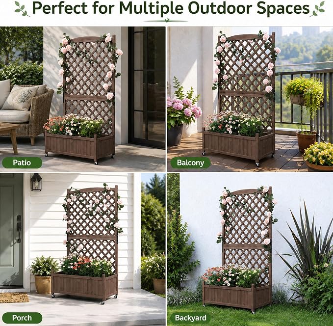 Trellis Raised Garden Bed with Wheels Trellis for Climbing Plants Outdoor | 63"H × 36"W × 17.5"D Tall Lattice Privacy Screen with Drainage Holes