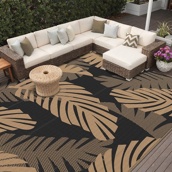GENIMO Waterproof Outdoor Rug 10' x 14' for Patio Decor, Reversible Plastic Straw Area Rugs for Camping Clearance, RV Mat, Large Outside Carpet for Porch, Deck, Picni, Balcony, Garden, Black & Brown