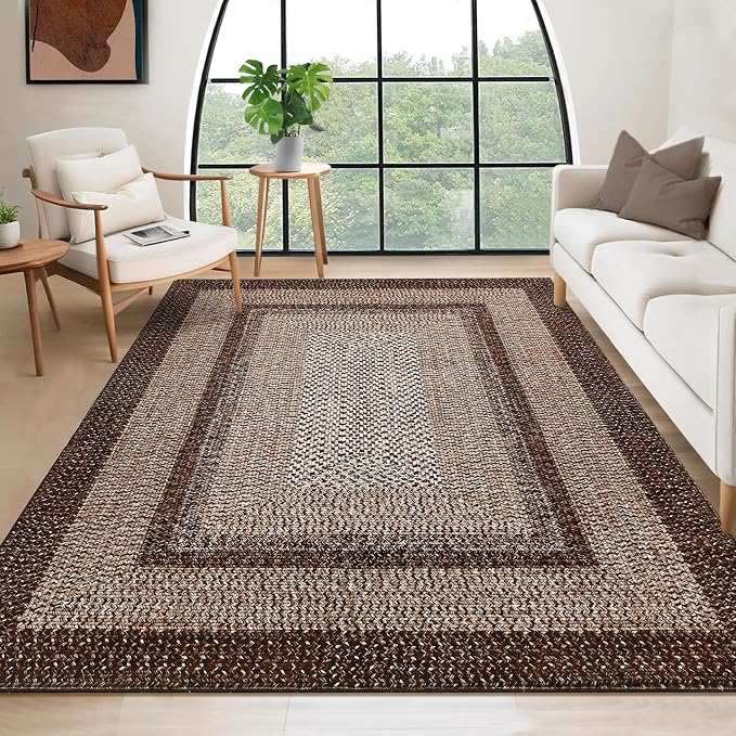 RUGSREAL 8x10 Washable Area Rug for Living Room with Rubber Backing | Stain Resistant Large Bedroom Throw Carpet Modern Geometric Floor Cover Modern Border Rug for Home Decor Office, Brown