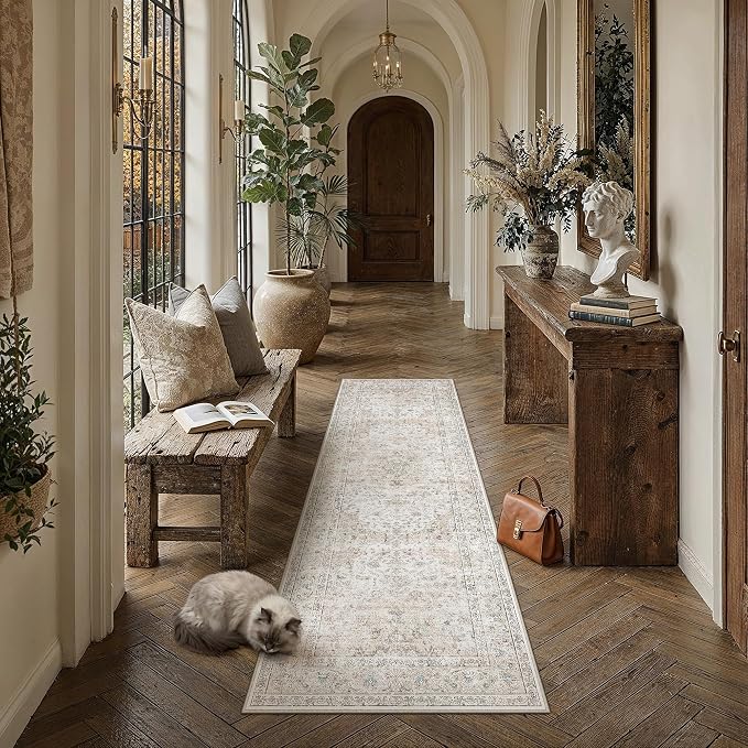 2x6 Washable Runner Rug Beige Grey Non Slip Vintage Carpet | Low Pile, Stain Resistant, Hallway, Kitchen, Bedroom, Entryway, Laundry Room, Soft, Thin, Lightweight