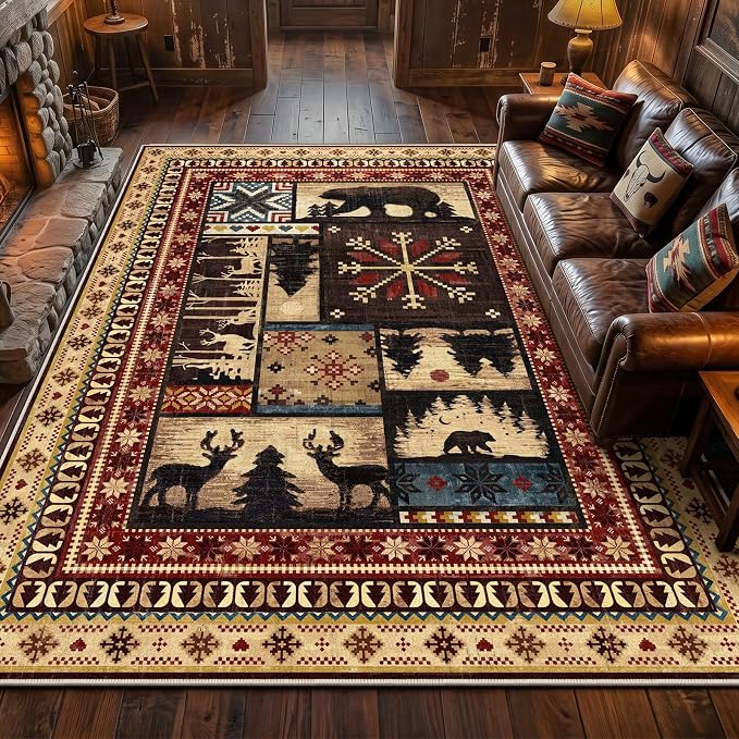 LOKHOM 8x10 Rustic Cabin Area Rug, Non-Slip Washable Western Lodge Bear Rug | Bear Pattern, Low Pile, Soft Vintage Wildlife Accent Floor Carpet, For Living Room Bedroom Entryway Nursery