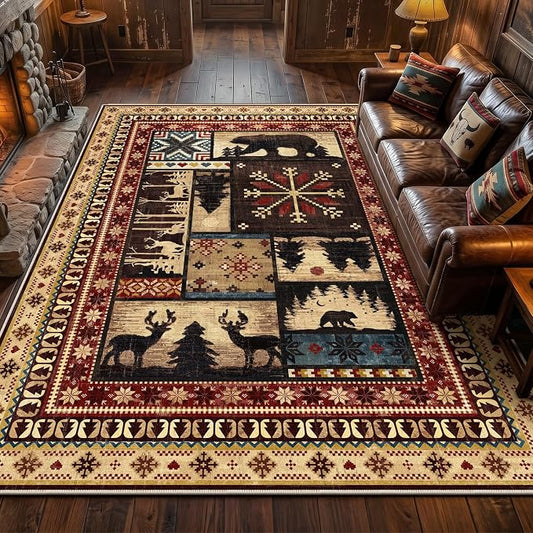 LOKHOM 8x10 Rustic Cabin Area Rug, Non-Slip Washable Western Lodge Bear Rug | Bear Pattern, Low Pile, Soft Vintage Wildlife Accent Floor Carpet, For Living Room Bedroom Entryway Nursery