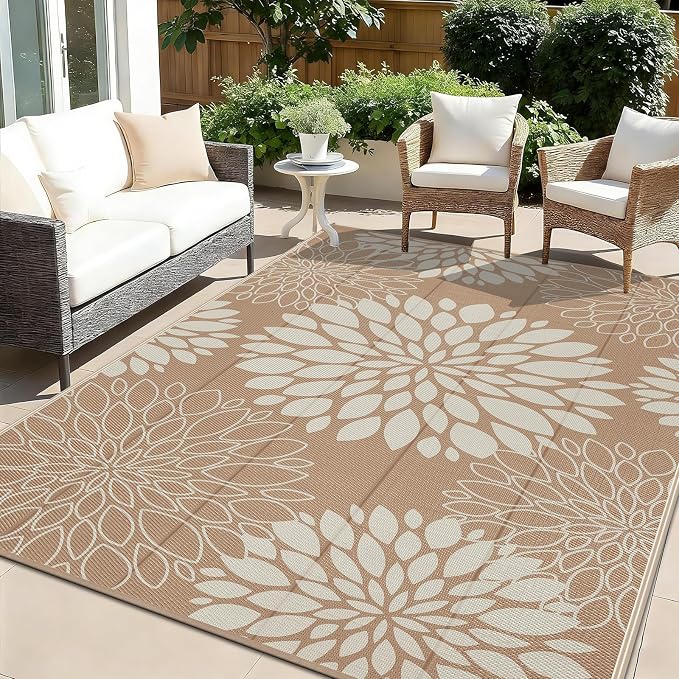 Ileading Waterproof Outdoor Rug 6x9, Reversible Plastic Straw Patio Rug, Portable Indoor Outdoor RV Camping Mat Carpet for Deck, Porch, Balcony, Backyard, Picnic, Floral Brown