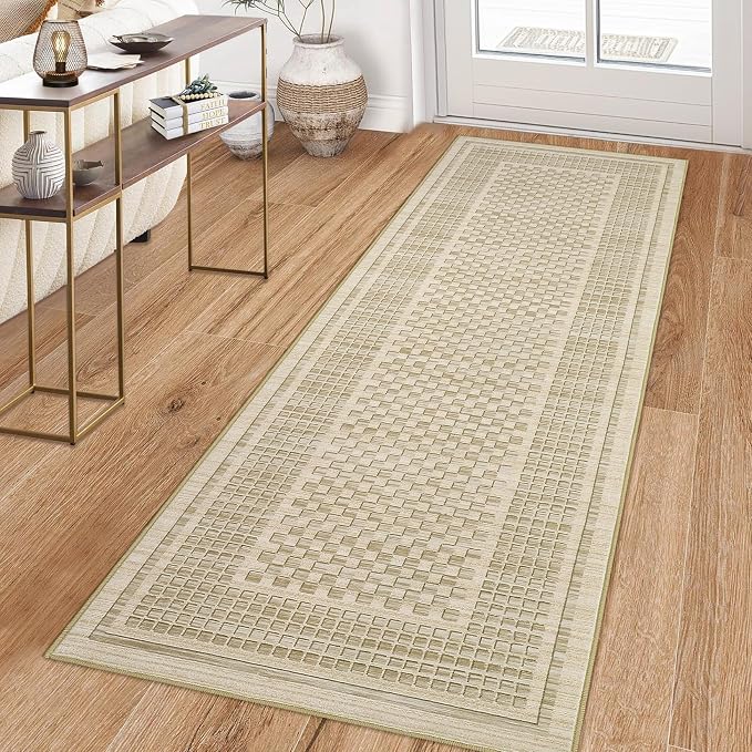 GarveeHome Washable Runner Rug 2x8 Runner Modern Non Slip Kitchen Runner Geometric Low Pile Entryway Rug Soft Bathroom Rugs Stain Resistant Carpet for Bedroom Hallway Laundry 2 ft x8 ft Beige