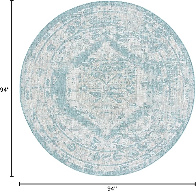 Unique Loom Outdoor Traditional Collection Area Rug - Valeria (7' 10" Round, Aqua/ Ivory)