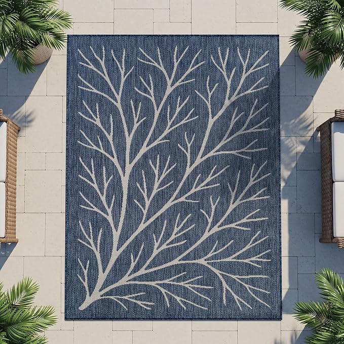 Washable Indoor Outdoor Rug 8x10 Modern Area Rugs Branch Pattern Non Shedding Waterproof Easy Clean Patio Deck Porch Living Room Bedroom Garden RV (8 X 10 Blue)