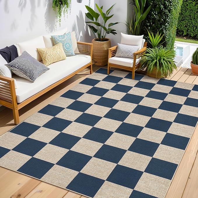 GarveeHome 9x12 Checkered Easy Jute Rugs for Bedroom Machine Washable Large Rugs Non-Slip Backing Modern Neutral Stain Resistance Carpets for Farmhouse Patio Dining Room Backyard Navy Blue