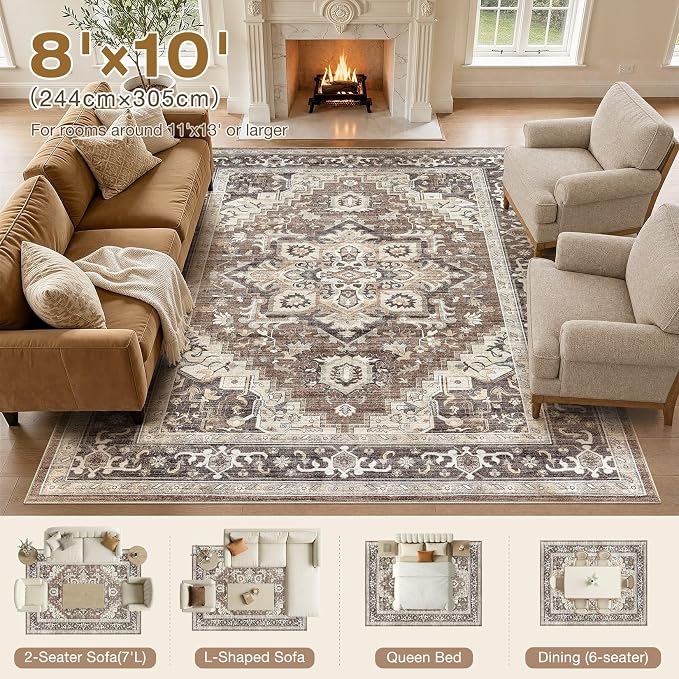 DTICON Vintage Washable 8x10 Area Rug Living Room Rugs, Dark Brown | Boho Distressed, Pet & Kid Friendly, Non-Slip Backing, Soft Polyester, Low-pile Carpet for Living Room, Bedroom, Dining Room