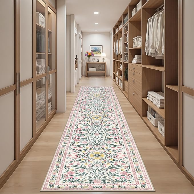 PLHXFR 2x5 Washable Runner Rug：Floral Indoor Kitchen Carpet Pink Green | For Hallway Bedroom Kitchen Laundry Bathroom Dorm,Vintage Floral,Machine washable,Non Slip,Stain Resistant,Indoor Floor