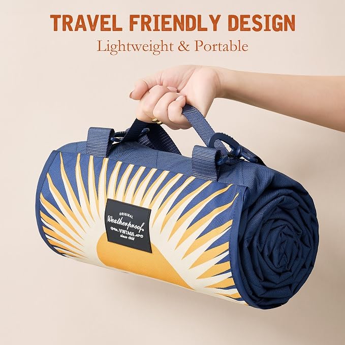 Weatherproof Vintage Waterproof Outdoor Blanket- Blue and Yellow Roll Up Throw Blanket with Handle, Velcro Closure - Camping Supplies, Travel Blanket for Beach, Picnic & Events, 60"x72" (Big Sun)