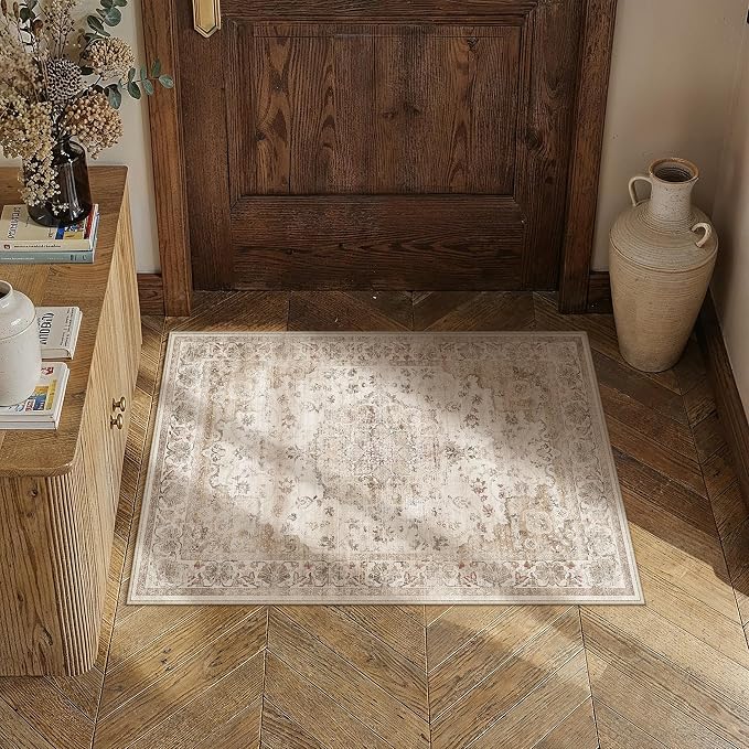 Beige Area Rug 2x3 Entryway Vintage Floral Non-Slip Door Mat | Machine Washable, Soft, Low Pile, Distressed, for Kitchen, Hallway, Bathroom, Retro Neutral Decor