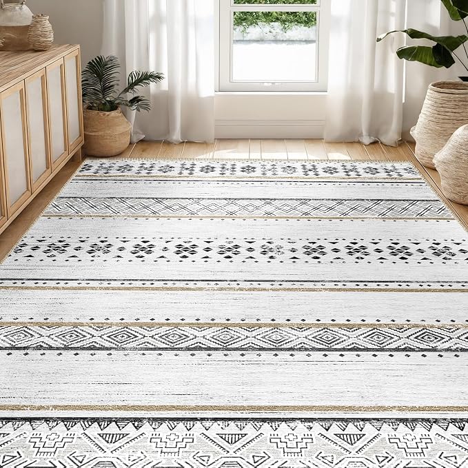 6x9 Area Rugs for Living Room Washable Moroccan Farmhouse Neutral Geometric Low Pile Non-Slip Soft Print Pattern Rug for Bedroom Kitchen Dining Room Entryway Black/Brown | Vacuum Friendly, Machine Washable, Non-Slip Rug, Stain Resistant, Moroccan Geome...