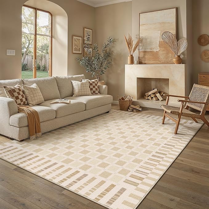 Beige 8x10 Washable Area Rug Living Room Large Non Slip Carpet | Soft, Low Pile, Modern, Pet Friendly, Indoor Rugs for Bedroom, Office, Nursery, Dining Room, Kids Room