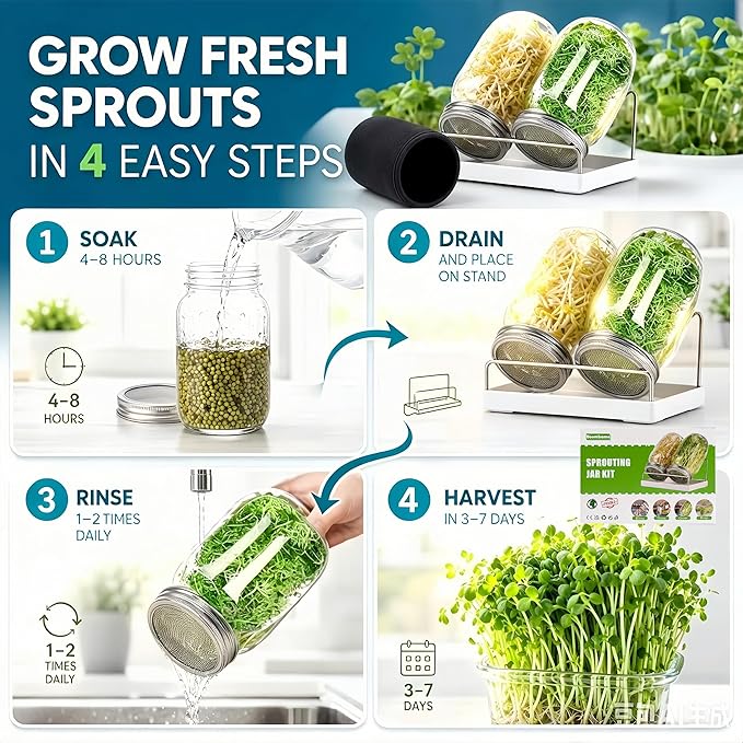 Premium Sprouting Jar Kit, 2Pack Wide Mouth Mason Jars with Mesh Sprouting Lids, Blackout Sleeves, Stand and Drip Tray, Professional Seed Sprouting Kit for Mung Bean, Broccoli Sprout Growing