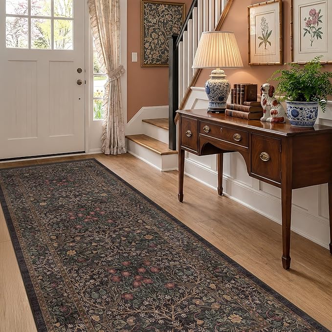 Vintage 8ft Long Runners for Hallways, Washable Dark Brown 3x8 Kitchen Runner Rug, Entryway Indoor Runner, Non Slip Boho Natural Floor Décor for High Traffic Area