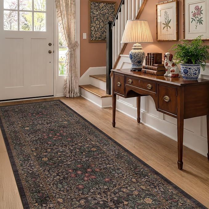 Boho Washable 3x10 Extra Long Runner Rug for Entryway, Hallway, Brown Large Kitchen Floor Rug Indoor, Non-Slip Stain & Fade Resistant, Vintage Dark Brown Taupe Floral Décor