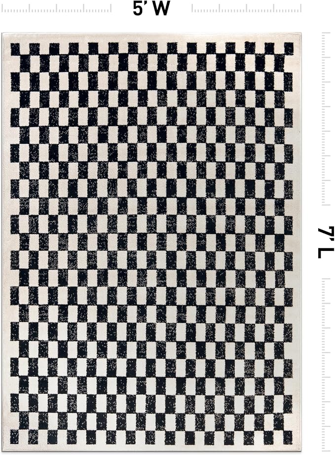 Rugshop Contemporary Checkered Grid Contrast Area Rug Soft Black 5' x 7' | Rectangular, Size 5' x 7', Living Room, Bedroom, Dining Room, Home Office, Kitchen, Entryway, Hallway, Nursery, Kids Room