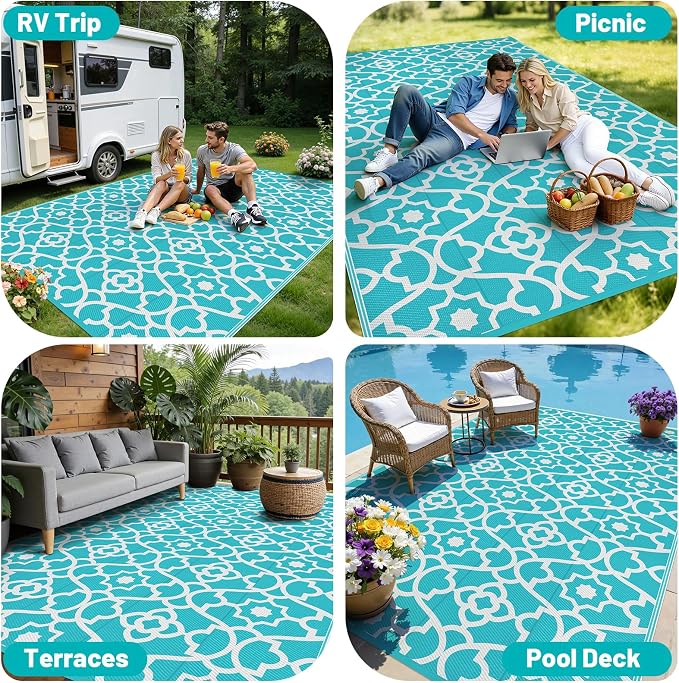 HEBE Outdoor Rug Waterproof 9x12, Plastic Straw Rug Camping Rug, Reversible Outdoor Patio Rugs RV Mat Clearance, Indoor Outside Floor Carpet for Porch,Deck,Camper,Balcony,Backyard